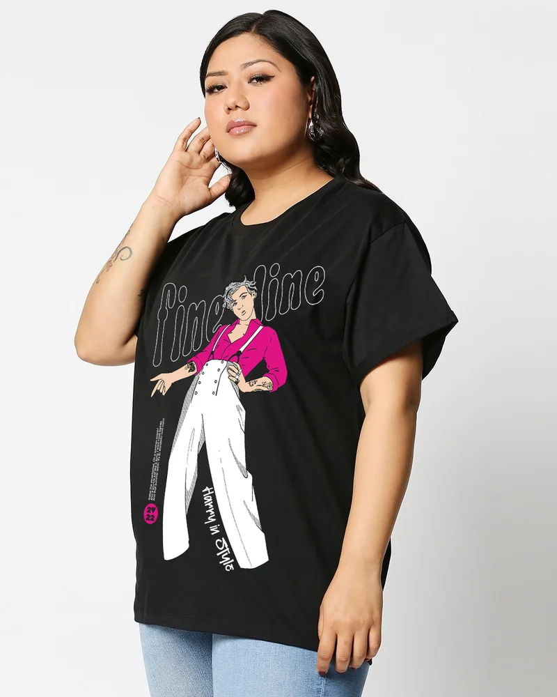 bewakoof Women's Black Watermelon Sugar Graphic Printed Boyfriend Plus Size T-shirt